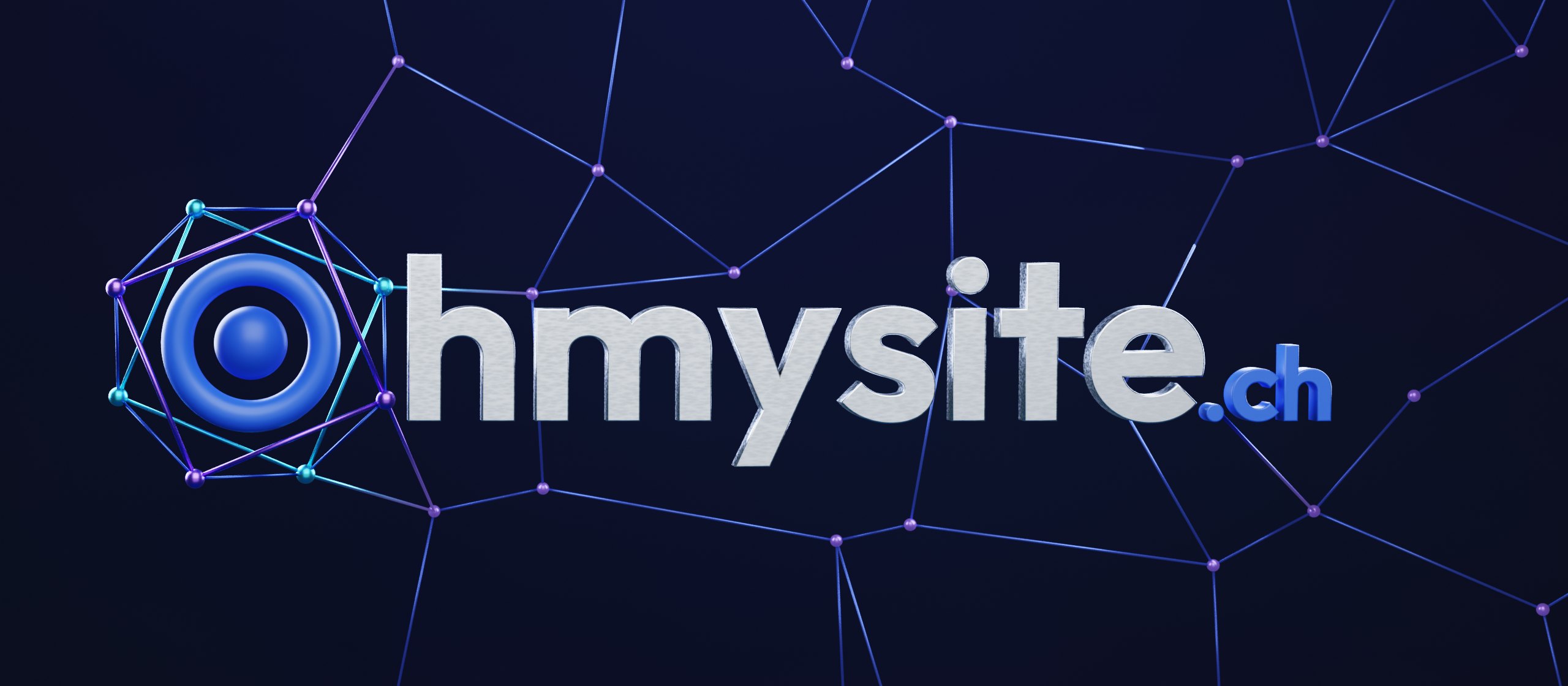 ohmysite.ch: the blue ring symbol plugged into a network, with the wordmark in brushed steel